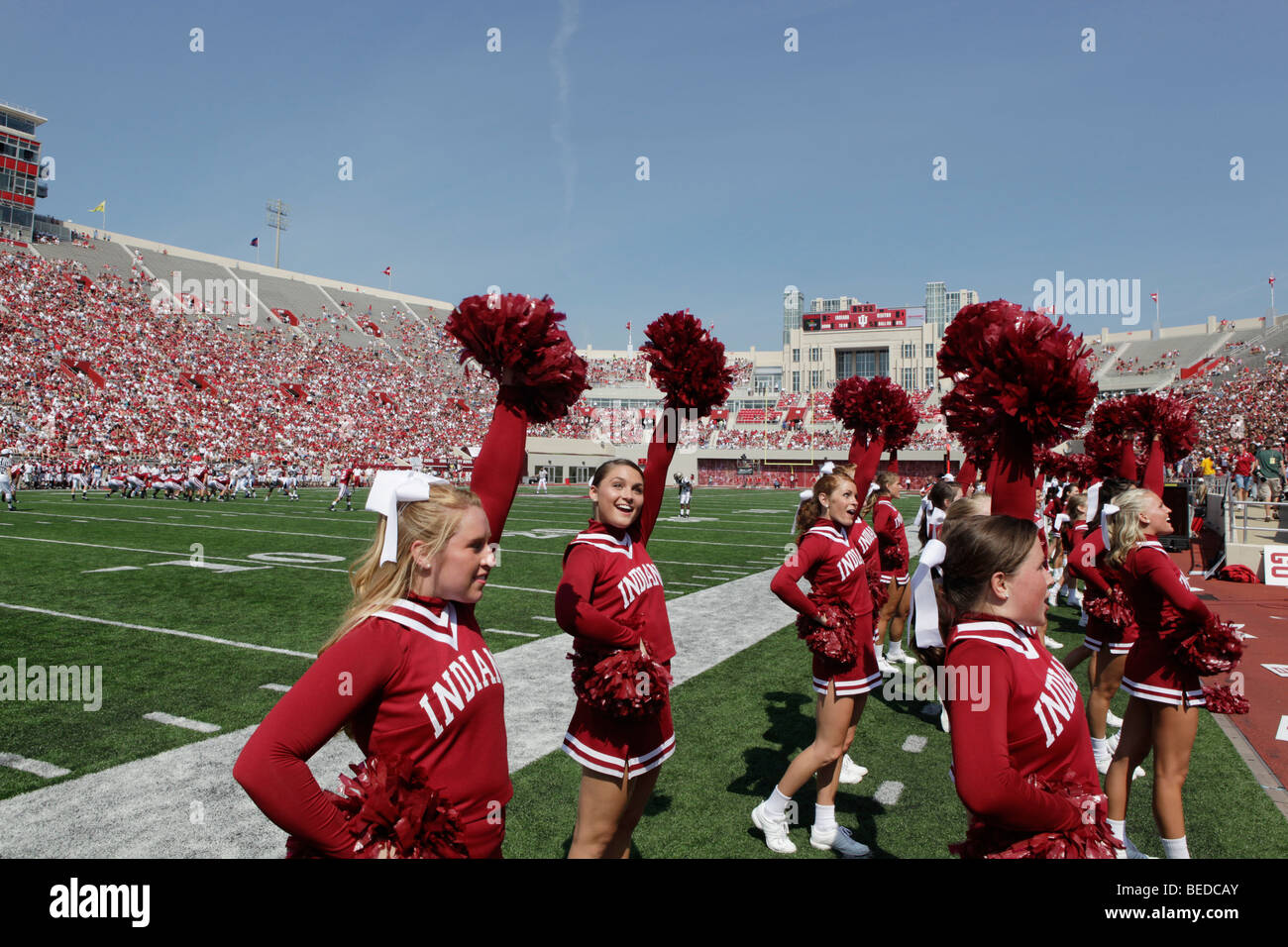 IU cheerleaders during an Indiana University football game. Stock Photo