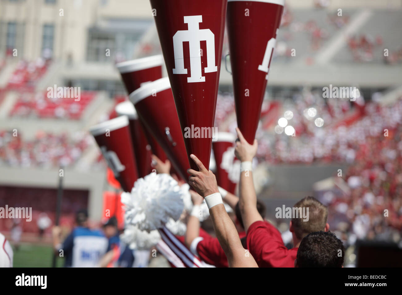 IU cheerleaders during an Indiana University football game. Stock Photo