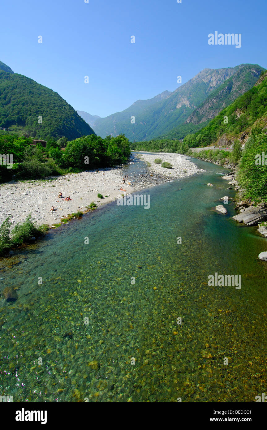 Near-natural course of a river, Maggia near Lodano, Valle Maggia Valley, Ticino, Switzerland, Europe Stock Photo
