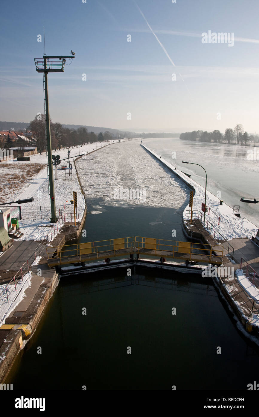 Frozen watergate, no shipping traffic possible, Aschaffenburg, Bavaria, Germany, Europe Stock Photo