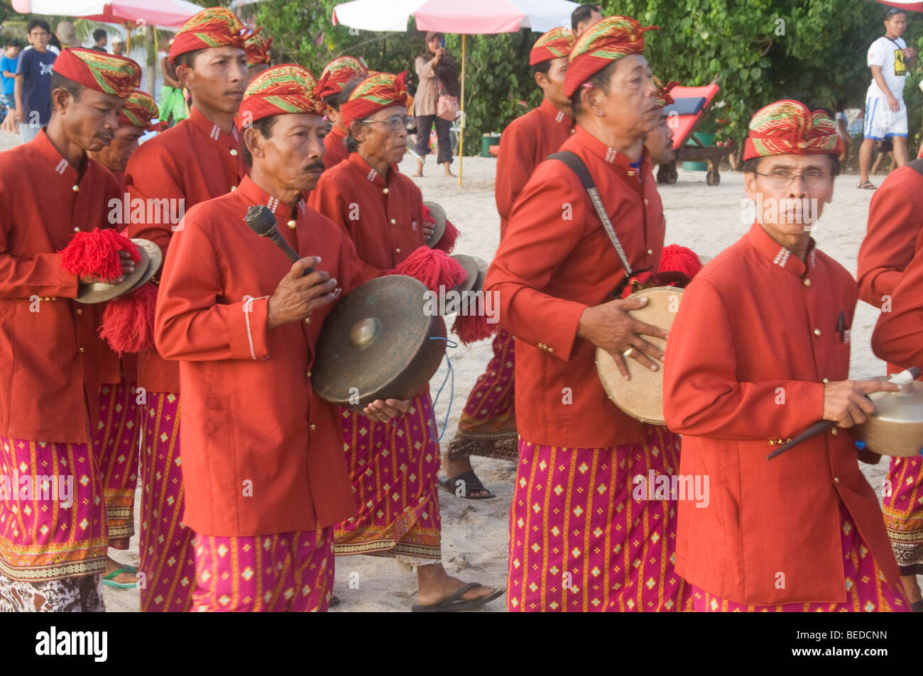 traditional musicians at a funeral in Bali Indonesia Stock Photo