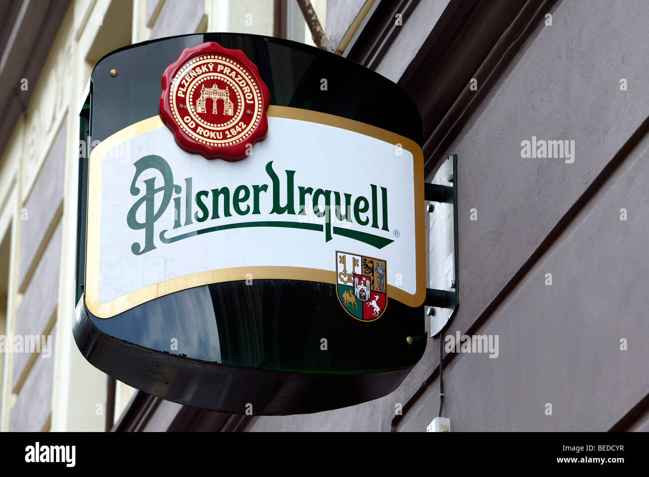 Logo of the brewery Pilsner Urquell in Pilsen, Plzen, Bohemia, Czech Republic, Europe. Stock Photo