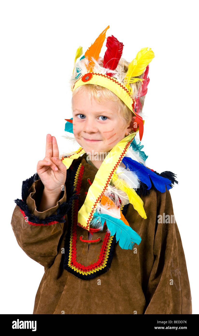 5-year-old boy dressed up as an American Indian, peace greeting Stock Photo