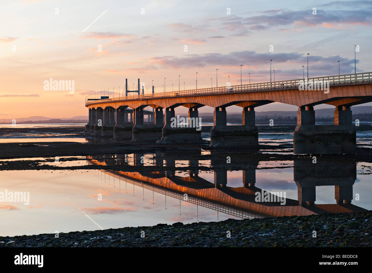 A sunset view of the Second Severn Crossing motorway bridge, Bristol, UK, seen from Aust on the English side of the Severn estuary Stock Photo