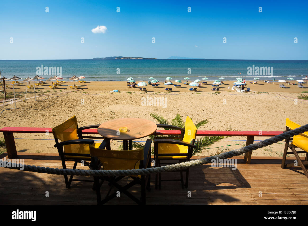 beach of Agios Stefanos, Corfu, Greece, islands of Mathraki and Erikoussa at horizon Stock Photo