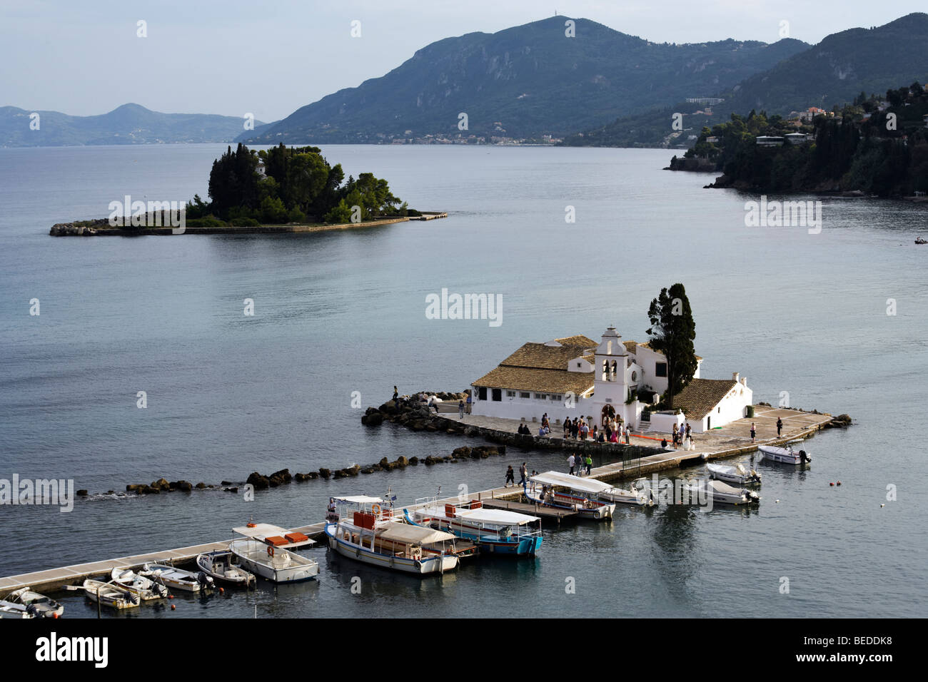Pontikonissi, the Mouse Island and the Vlacherna monastery, where a wedding tal´kes place Stock Photo