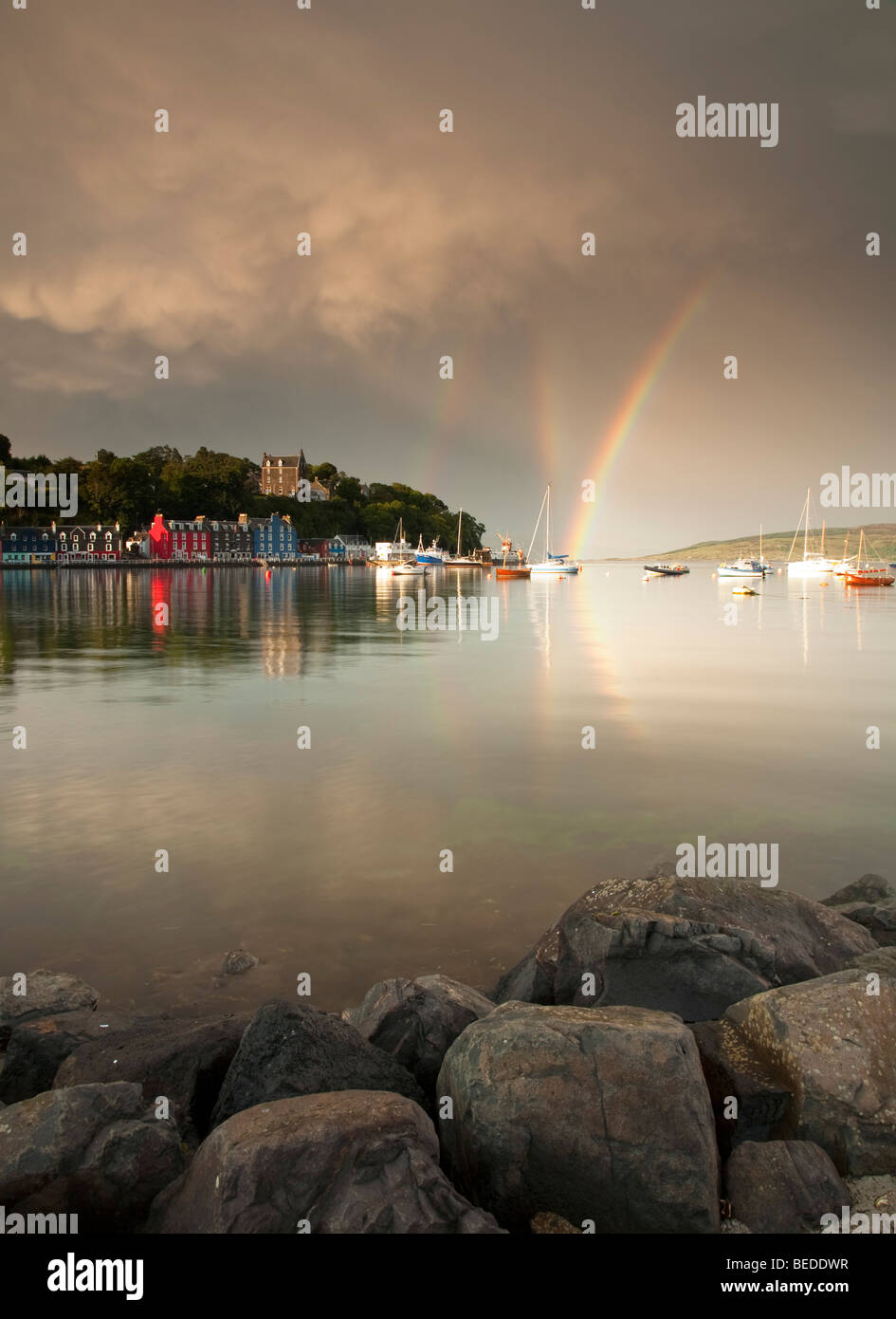Rainbows over Portree harbour, The Isle of Skye, The Western Isles, Scotland, UK, Europe Stock Photo