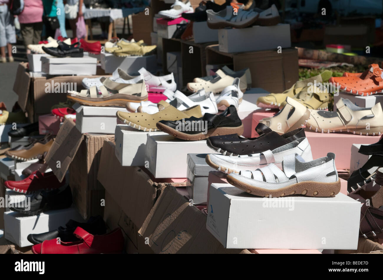 Shoes for sale in Amphion les Bains market France Stock Photo