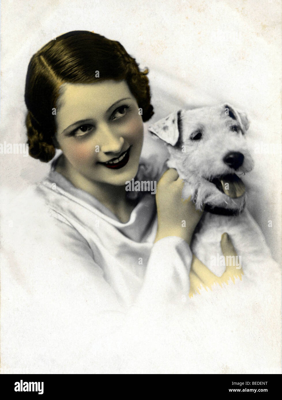 Historic photograph, woman with a Foxterrier, around 1922 Stock Photo