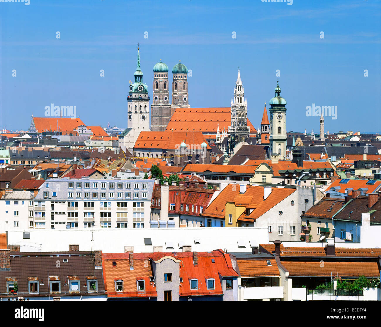 Central Munich with Peterskirche, Frauenkirche, Cathedral, City Hall and Heilig Geistkirche, Munich, Bavaria, Germany, Europe Stock Photo