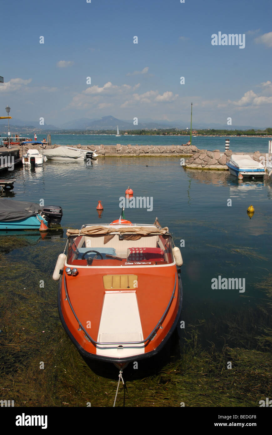 Speedboat tied up in harbour, Peschiera, Lombardy, Italy Stock Photo