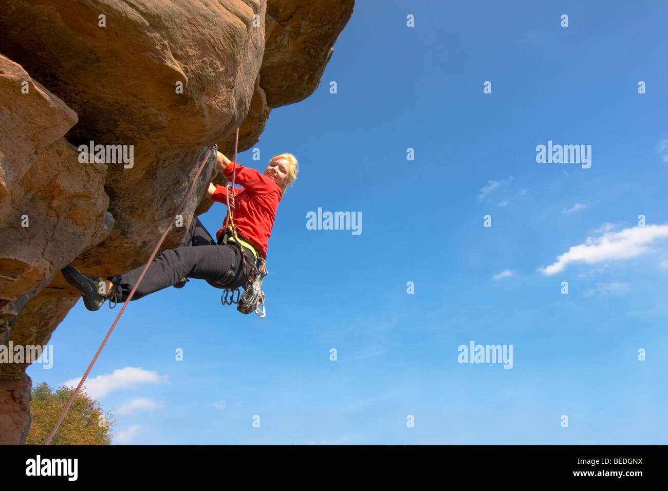 Rock climber Charlotte Frank at the Windstein - Vosges - France. Stock Photo