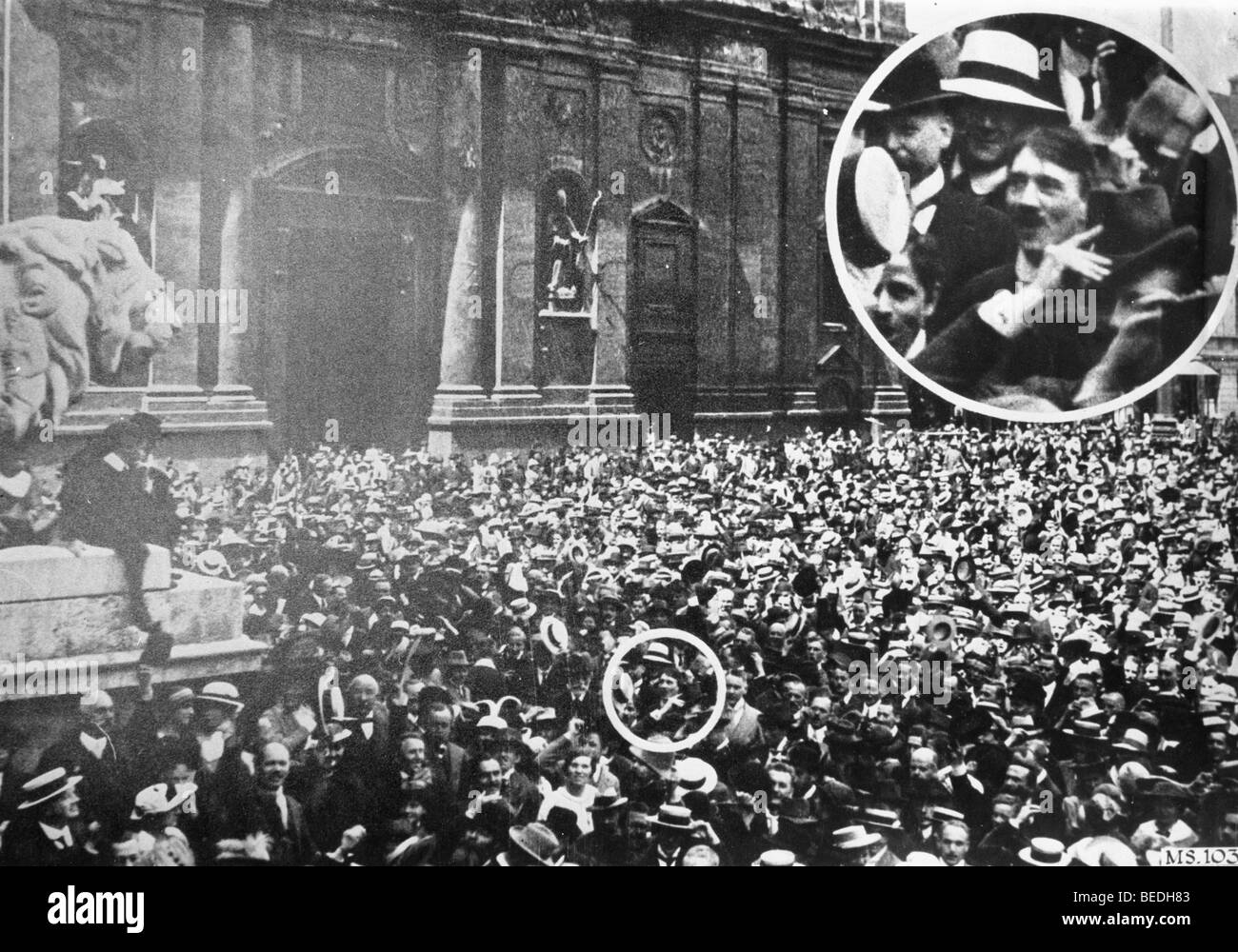 Aug 01, 1914; Munich, GERMANY; Nazi leader ADOLF HITLER in the middle of the crowd in Munich at the outbreak of the World War I Stock Photo