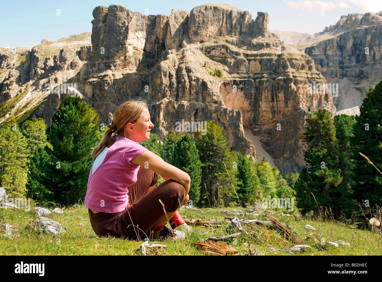 Girl enjoying the view of Langental Valley in Puez Geisler National Park, Sëlva, Selva, Val Gardena, Gardena Valley, Groednerta Stock Photo
