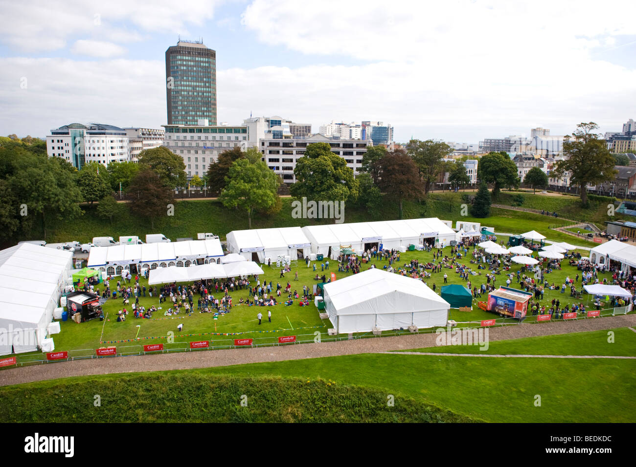 View over The Great British Cheese Festival site in grounds of Cardiff Castle South Wales UK Stock Photo