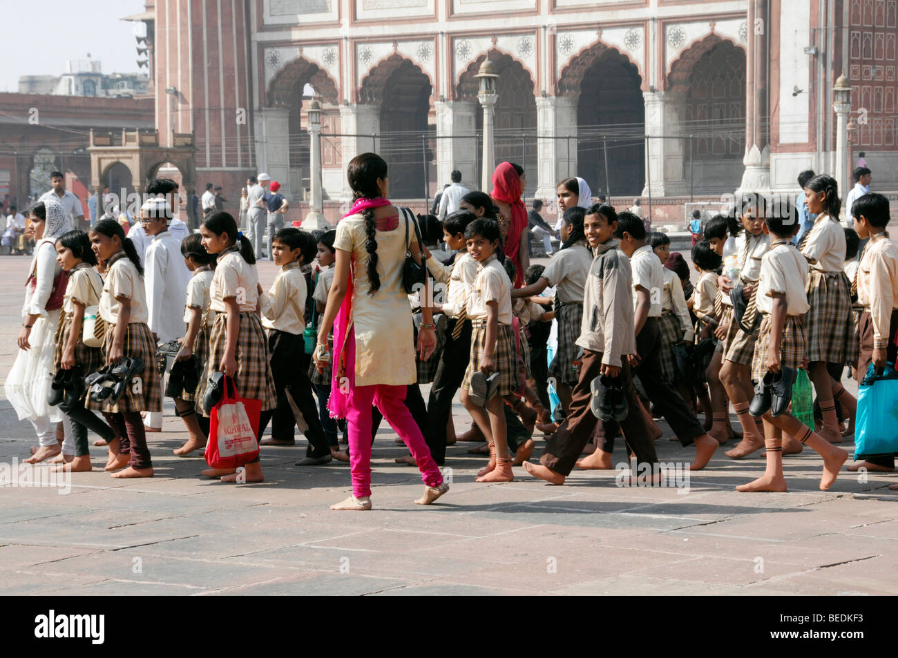 Indian schoolchildren visiting Jami Masjid, the largest mosque in India, Delhi, Rajasthan, North India, Asia Stock Photo