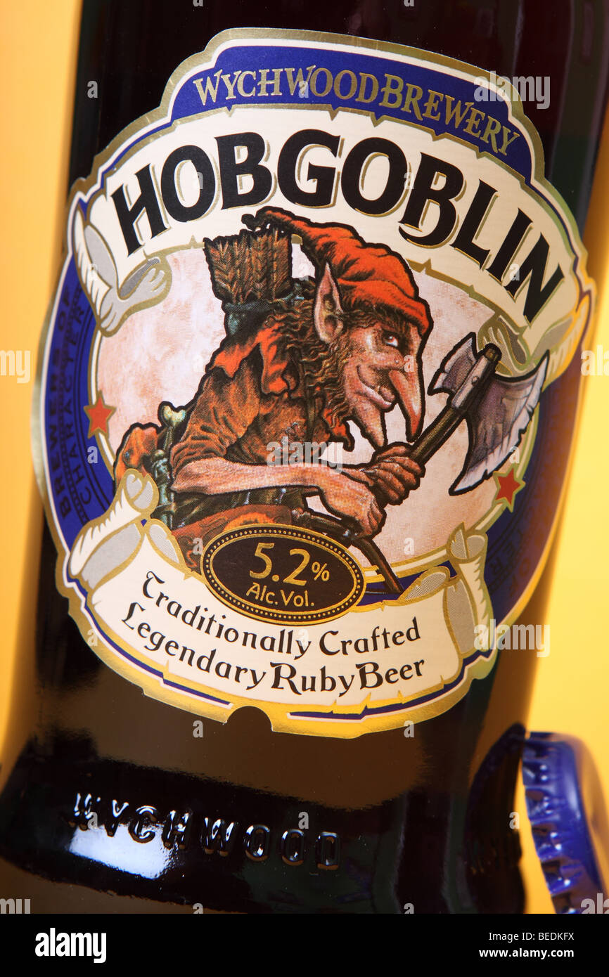 Hobgoblin beer bottle label brewed by Wychwood Brewery in Witney Oxfordshire Great Britain UK Stock Photo