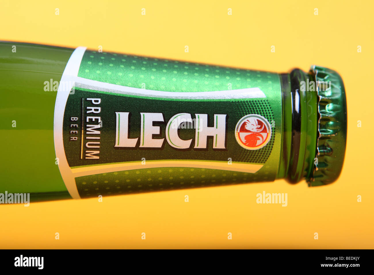 Lech Polish beer bottle and brand label brewed in the city of Poznan Stock Photo