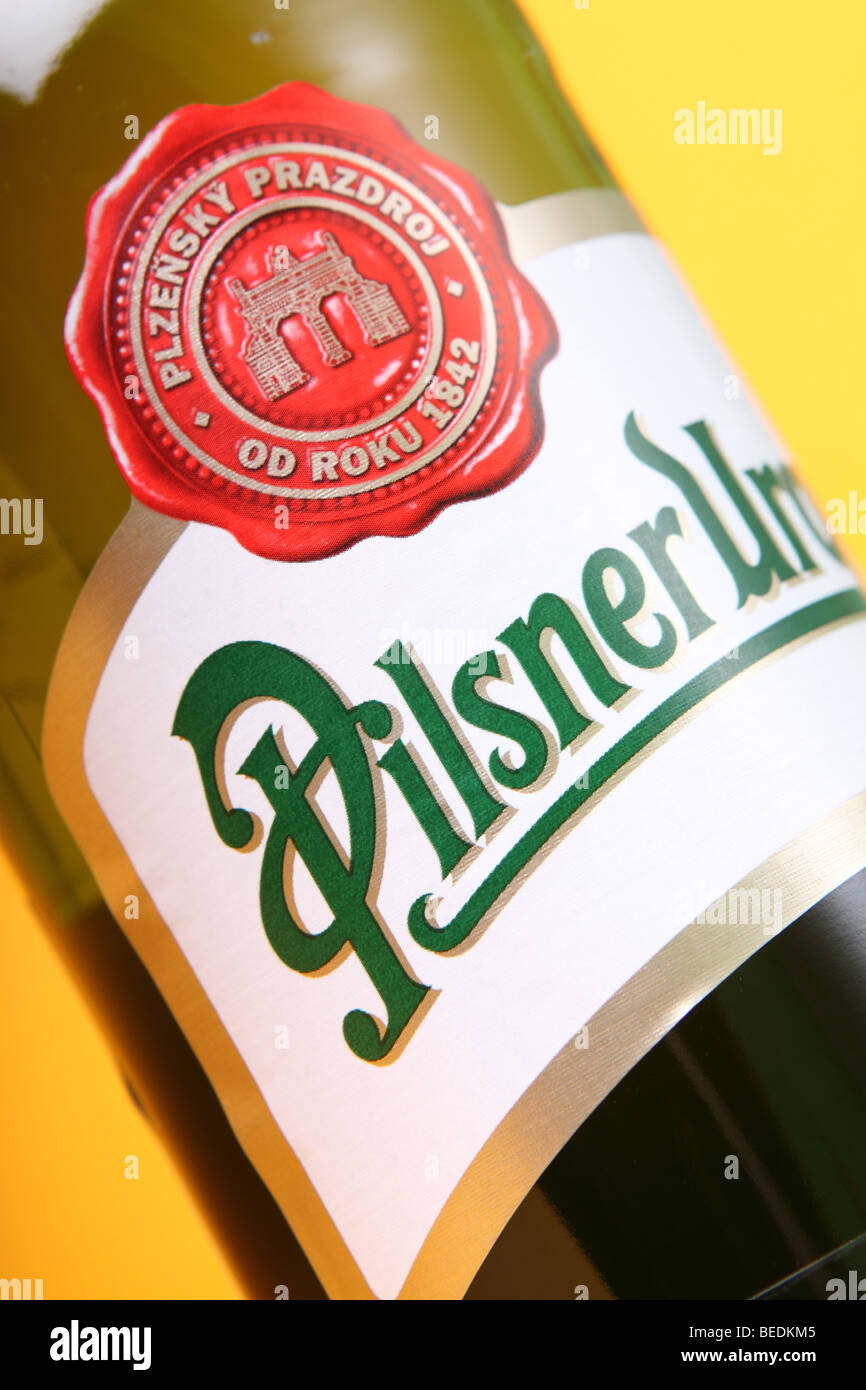 Pilsner Urquell beer bottle label brewed in the Czech Republic city of Plzen Stock Photo