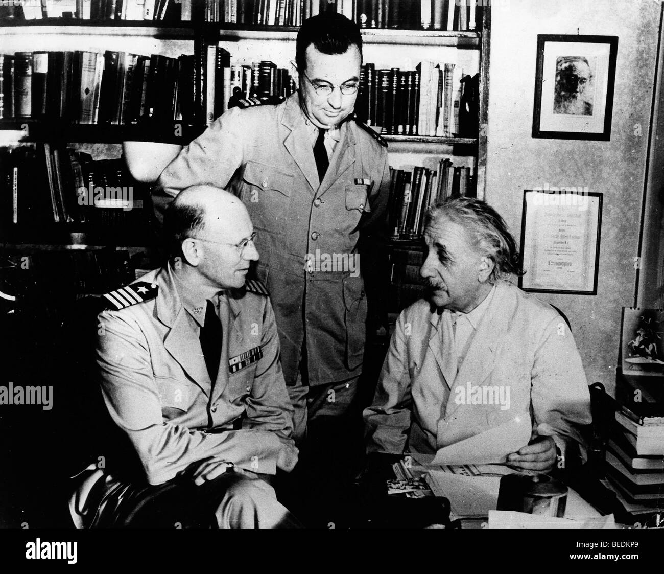 Professor Albert Einstein with Captain G.E.Sage, and Commander F.L.Douthit at Princeton University Stock Photo