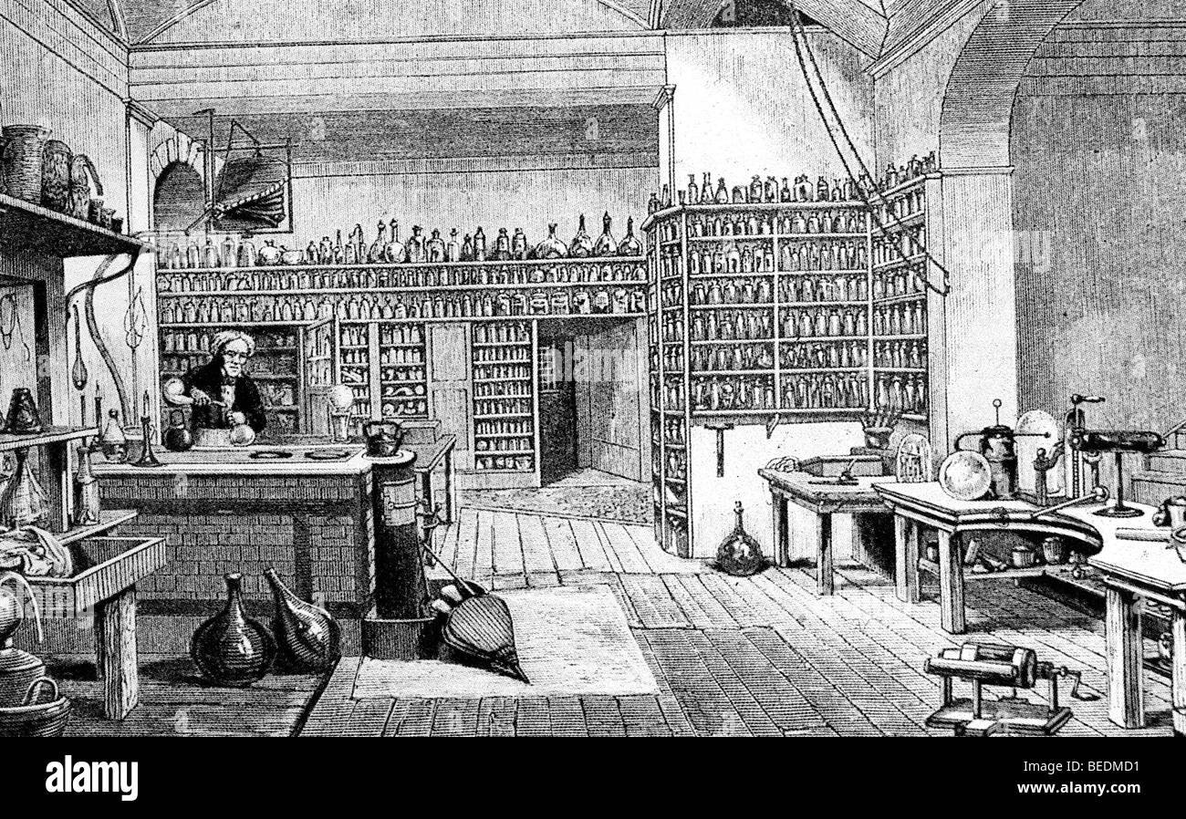 MICHAEL FARADAY English chemist and physicist (1791-1867)  in his laboratory Stock Photo