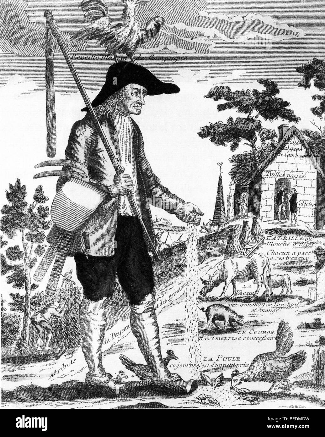 FRENCH PEASANT - 18th century cartoon illustrates the poor living and working conditions of farmers - see Description below Stock Photo