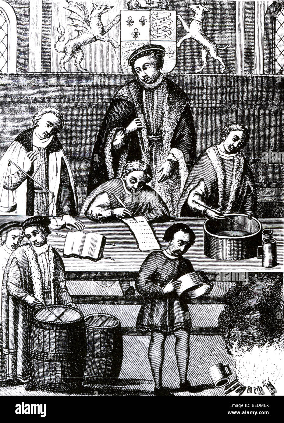 HENRY VII - checking weights and measures in the Exchequer Stock Photo