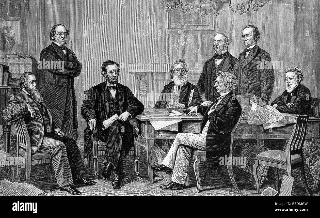 ABRAHAM LINCOLN  (third from left) with his cabinet in 1854 Stock Photo