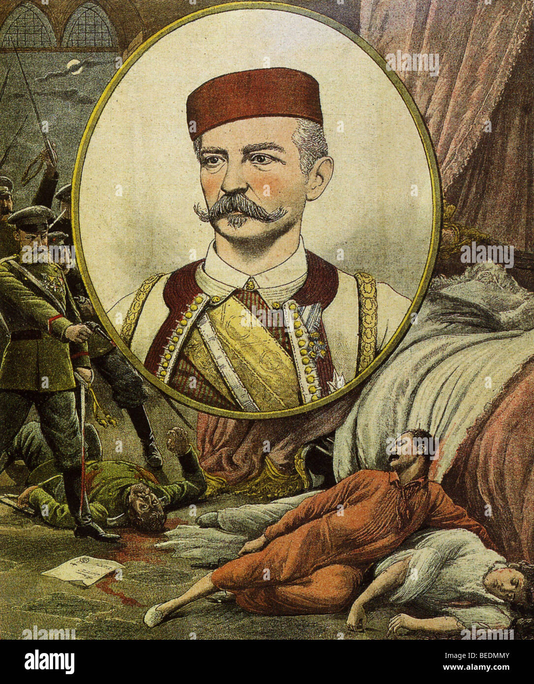 ASSASSINATION OF KING ALEXANDER I OF SERBIA along with his wife iın 1903 with his successor Peter I shown in the portrait Stock Photo