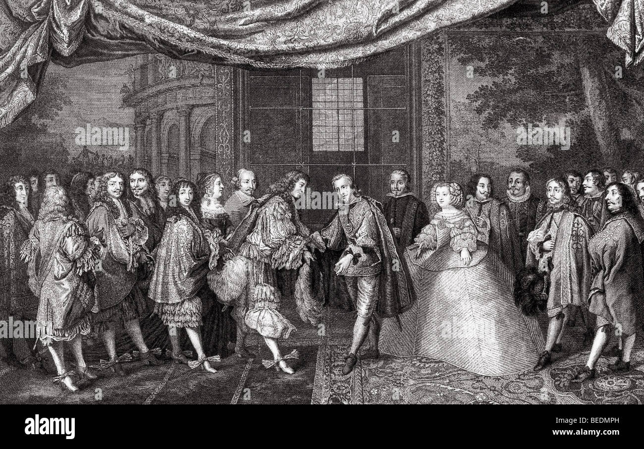 PEACE OF THE PYRENEES 1659 - Louis XIV of France (centre left) meets Philip IV of Spain to ratify the treaty
