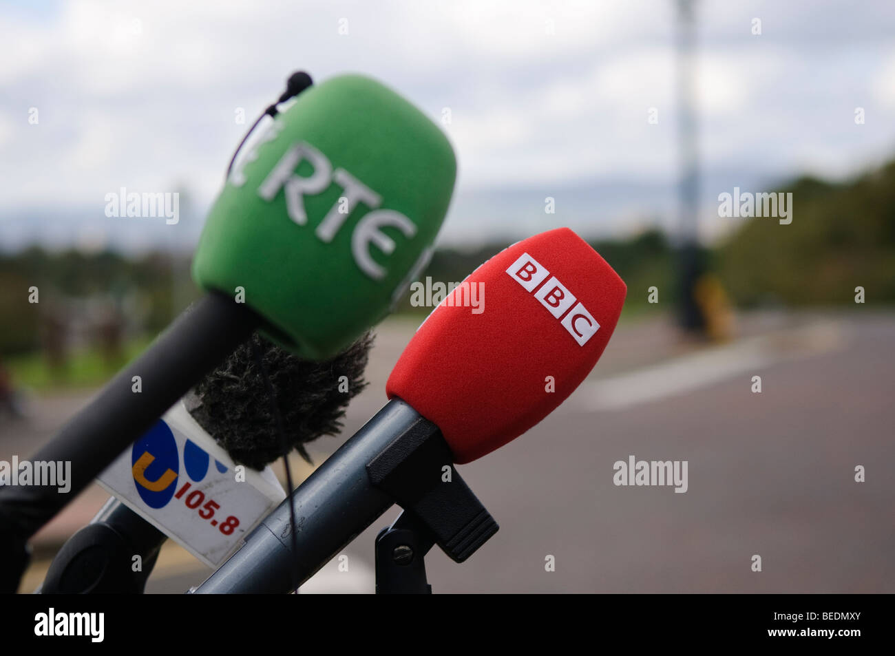 Microphones from UTV, BBC Newsline and RTE Stock Photo