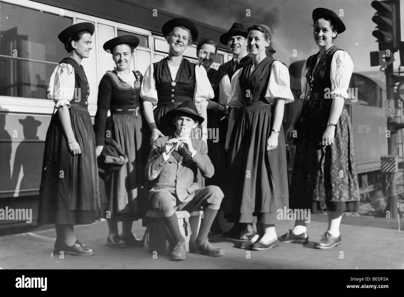 Oct 05, 1950; Liverpool, London; Baroness MARIA AUGUSTA VON TRAPP and the Trapp Family Singers, wearing their national Austrian Stock Photo