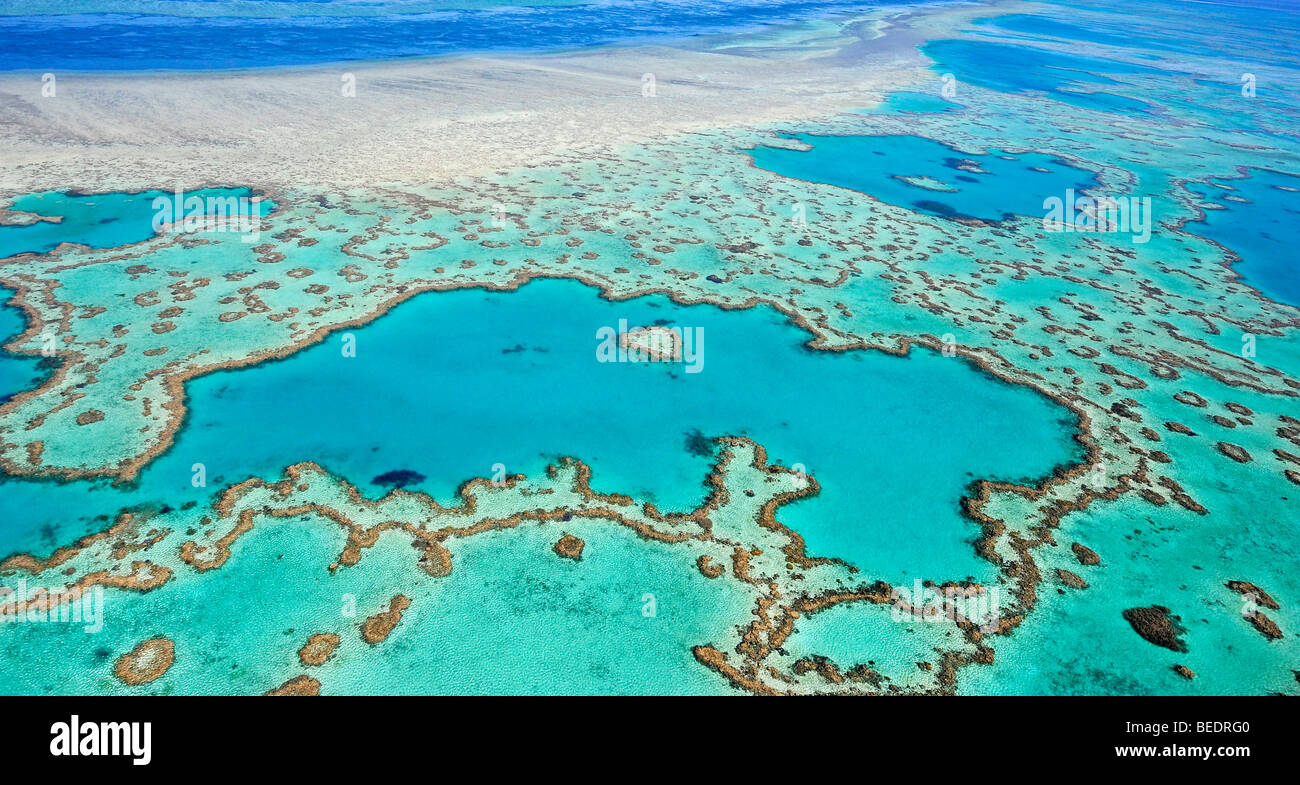 Aerial view of the ocean floor, Heart Reef, heart-shaped reef, Great Barrier Reef World Heritage Area, Great Barrier Reef, UNES Stock Photo