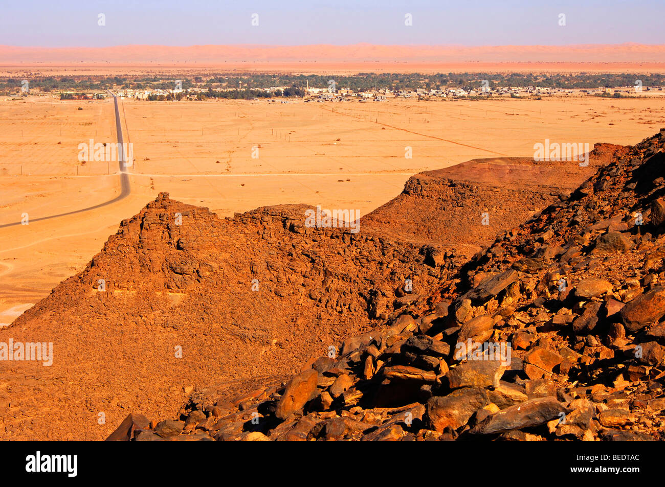 View from a hill on the desert town of Germa in the plane, Germa, Libya, Africa Stock Photo