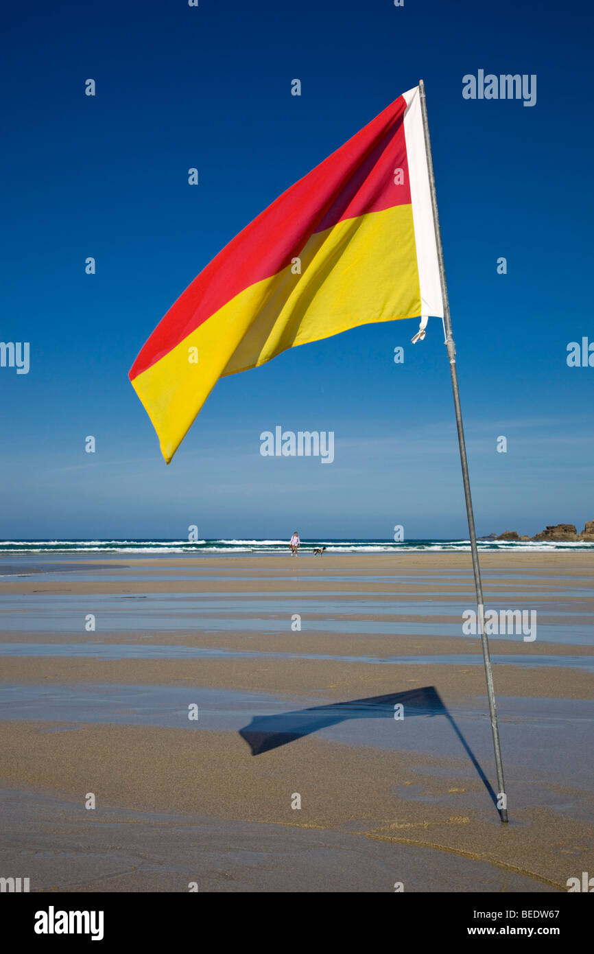 Gwynver beach; cornwall; lifeguard's flag Stock Photo