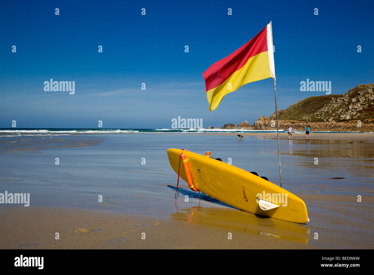 Gwynver beach; cornwall; lifeguard's flag Stock Photo