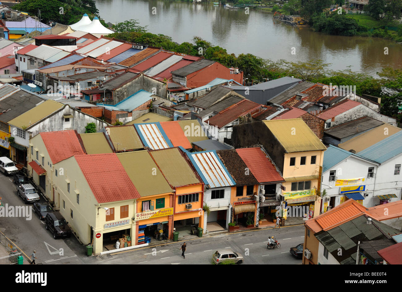 Aerial View over the Rooftops & Chinese Shophouses of Chinatown & the Sarawak River Kuching Sarawak Malaysia Borneo Stock Photo
