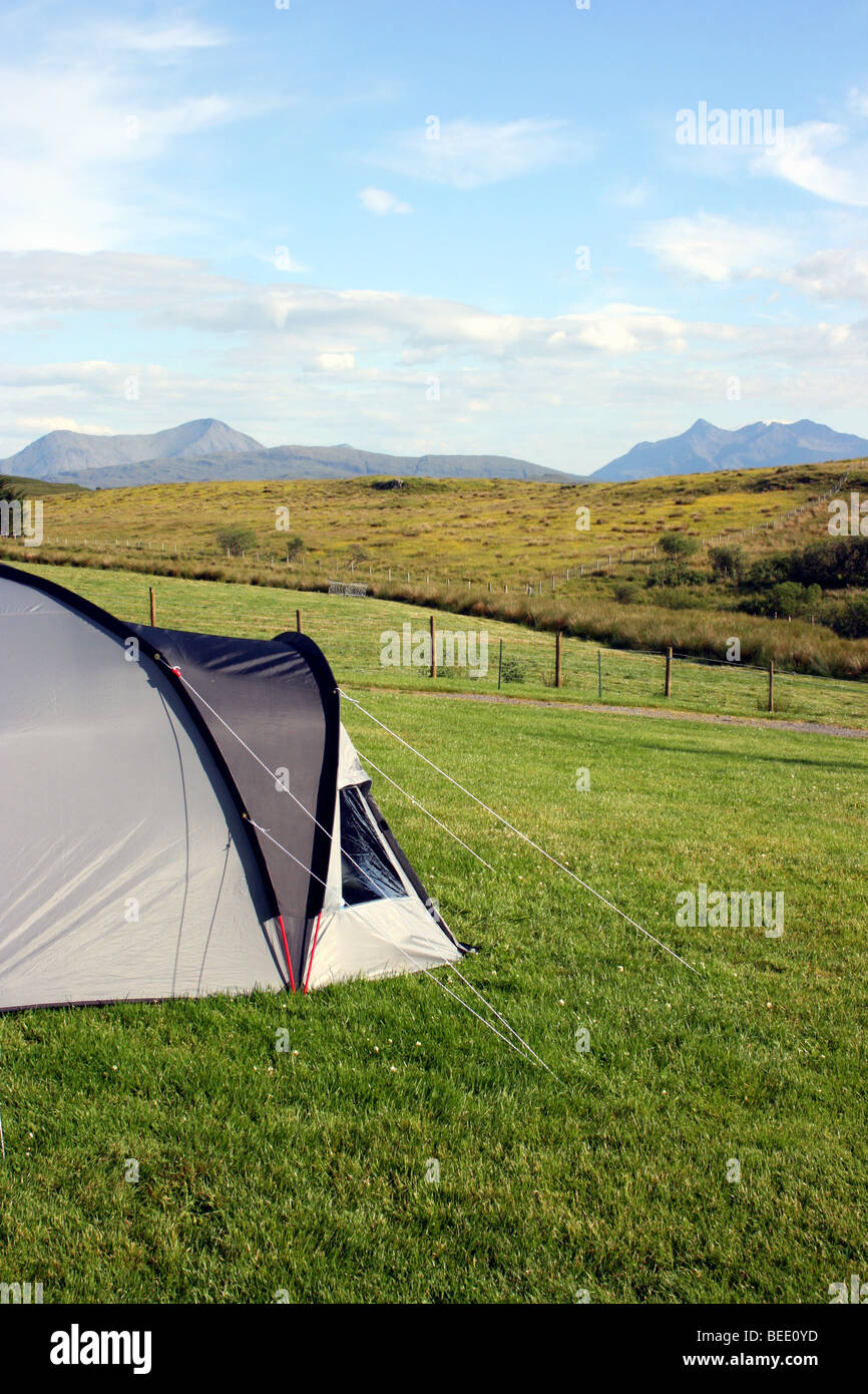 small tent pitched at a campsite north of Portree on the Isle of Skye, Western  Scotland Stock Photo