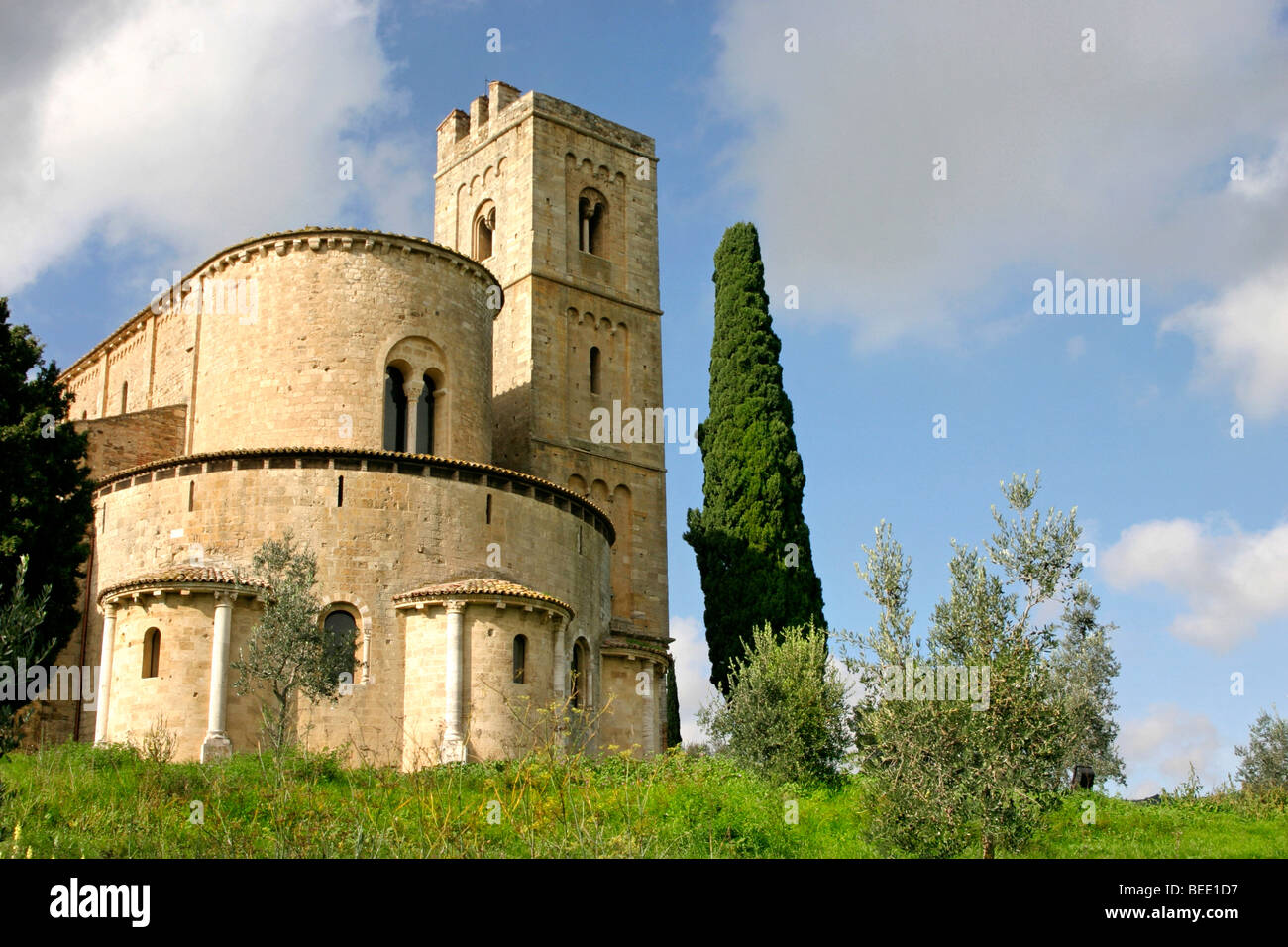 The neo-roman Church of the monastery Sant Antimo near Montalcino, 12th century, Tuscany, Italy Stock Photo