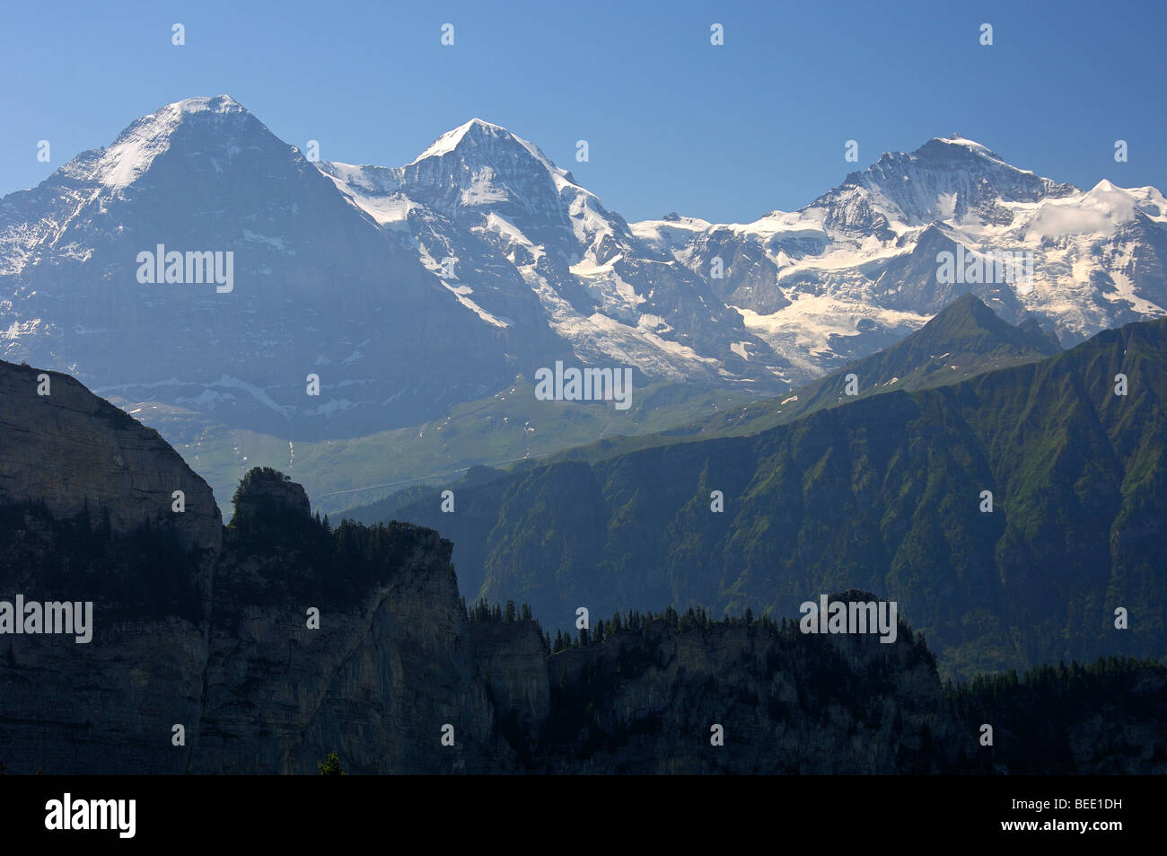 Mountain panorama of the Swiss Alps, with the peaks Eiger, Moench and ...