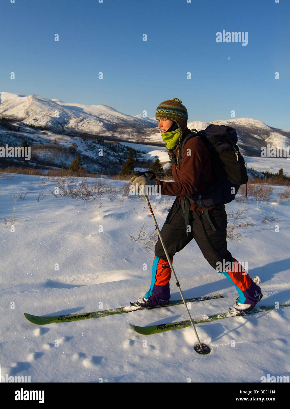 Young woman backcountry skiing, alpine tundra, Fish Lake behind, Yukon, Canada, North America Stock Photo