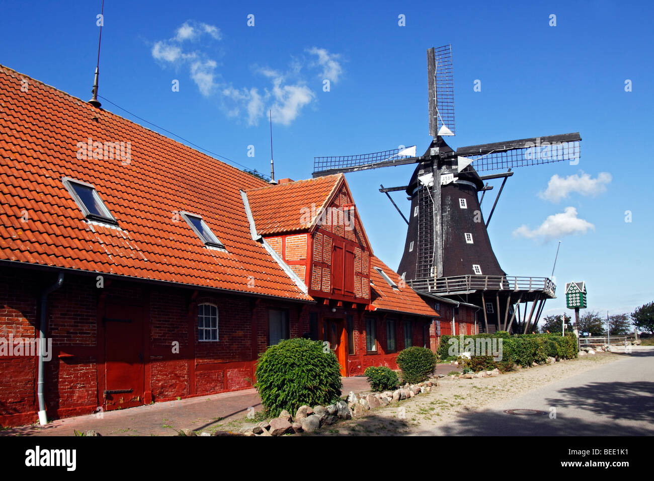 Old windmill, Muehlenmuseum mill museum in Lemkenhafen, Fehmarn island, Ostholstein district, Schleswig-Holstein, Germany Stock Photo