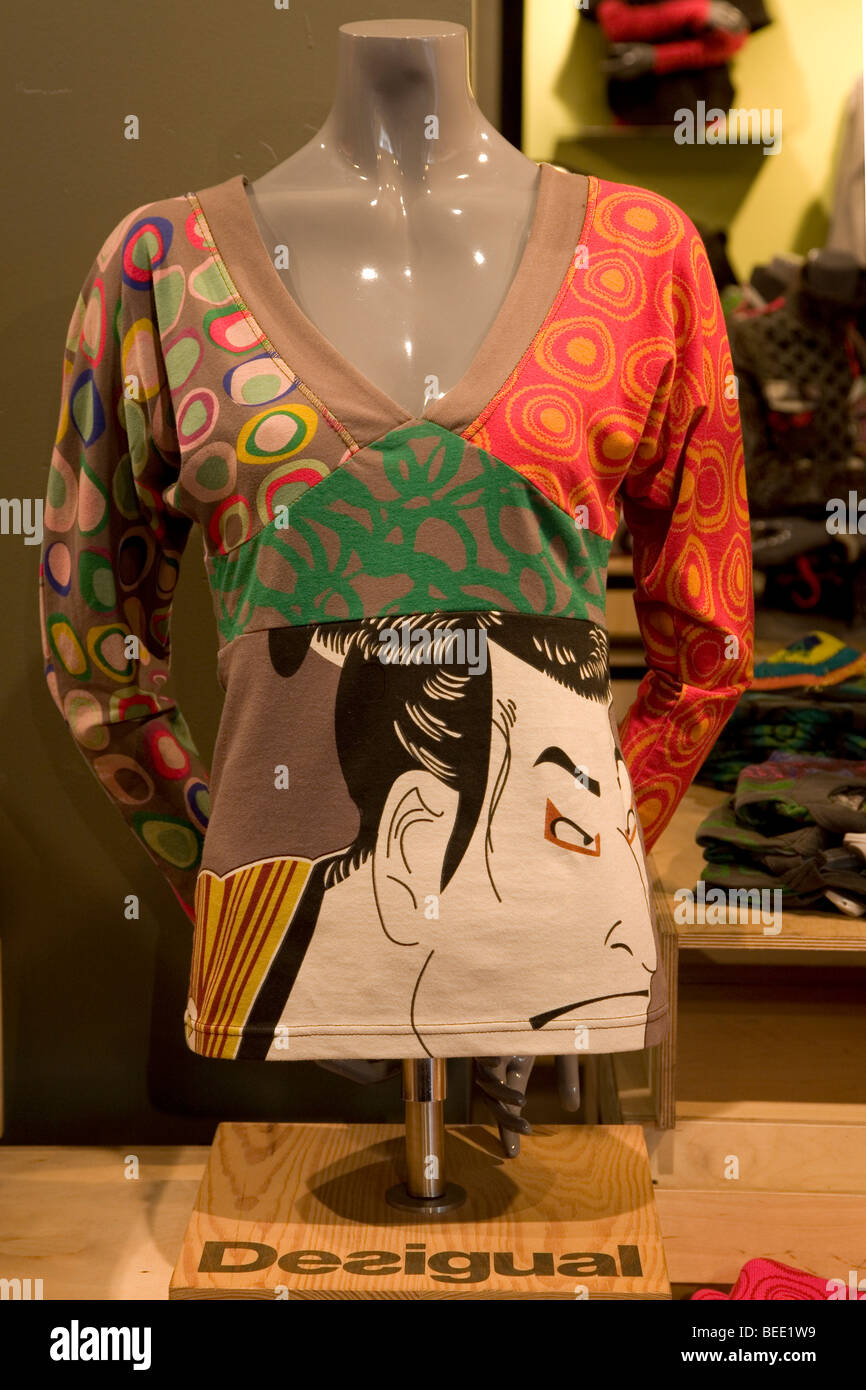 Shirt, patchwork style, Spanish fashion in Desigual, in the main pedestrian road Las Palmas, Grand Canary, Canary Islands, Spai Stock Photo