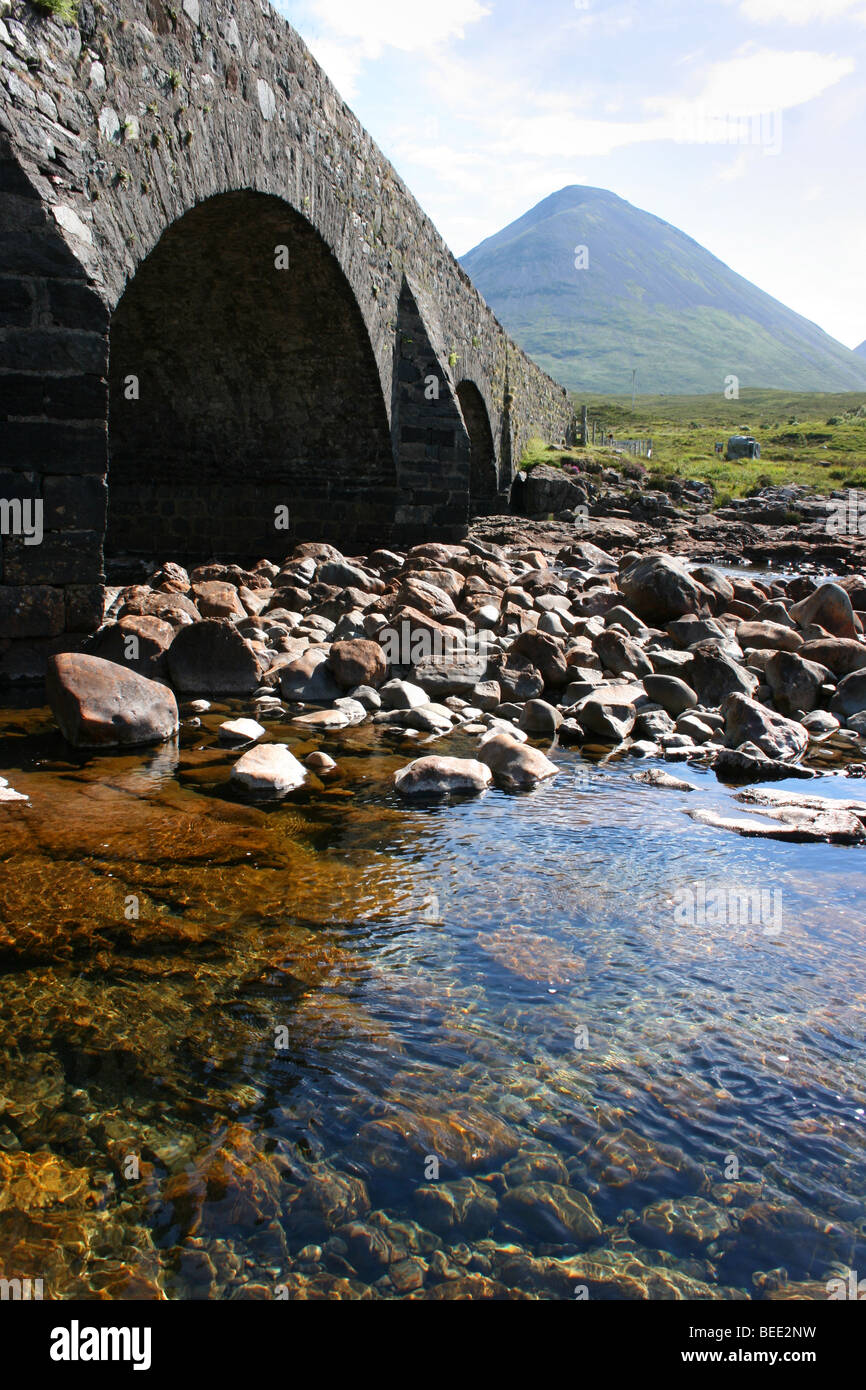 Sligachan river, with Glamaig beyond in the Red Hills, Isle of Skye, Scotland Stock Photo