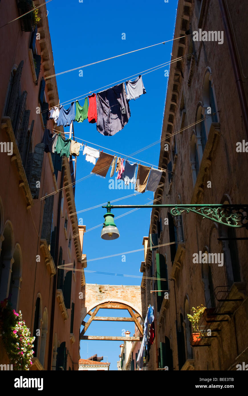 Clothes Hanging to Dry in a Narrow Venetian Steet, Venice Stock Photo