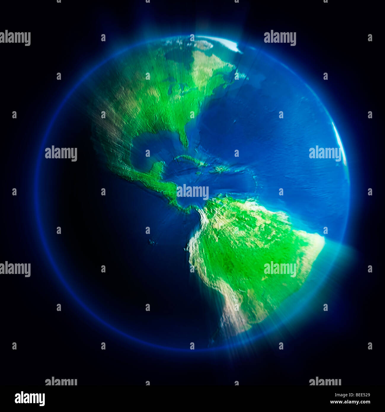 Dynamic 3D Illustration of the Earth globe South and North America continents Stock Photo