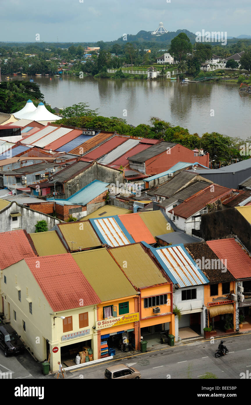 View over Rooftops of Chinatown & Sarawak River Kuching Sarawak Malatsia Borneo Stock Photo