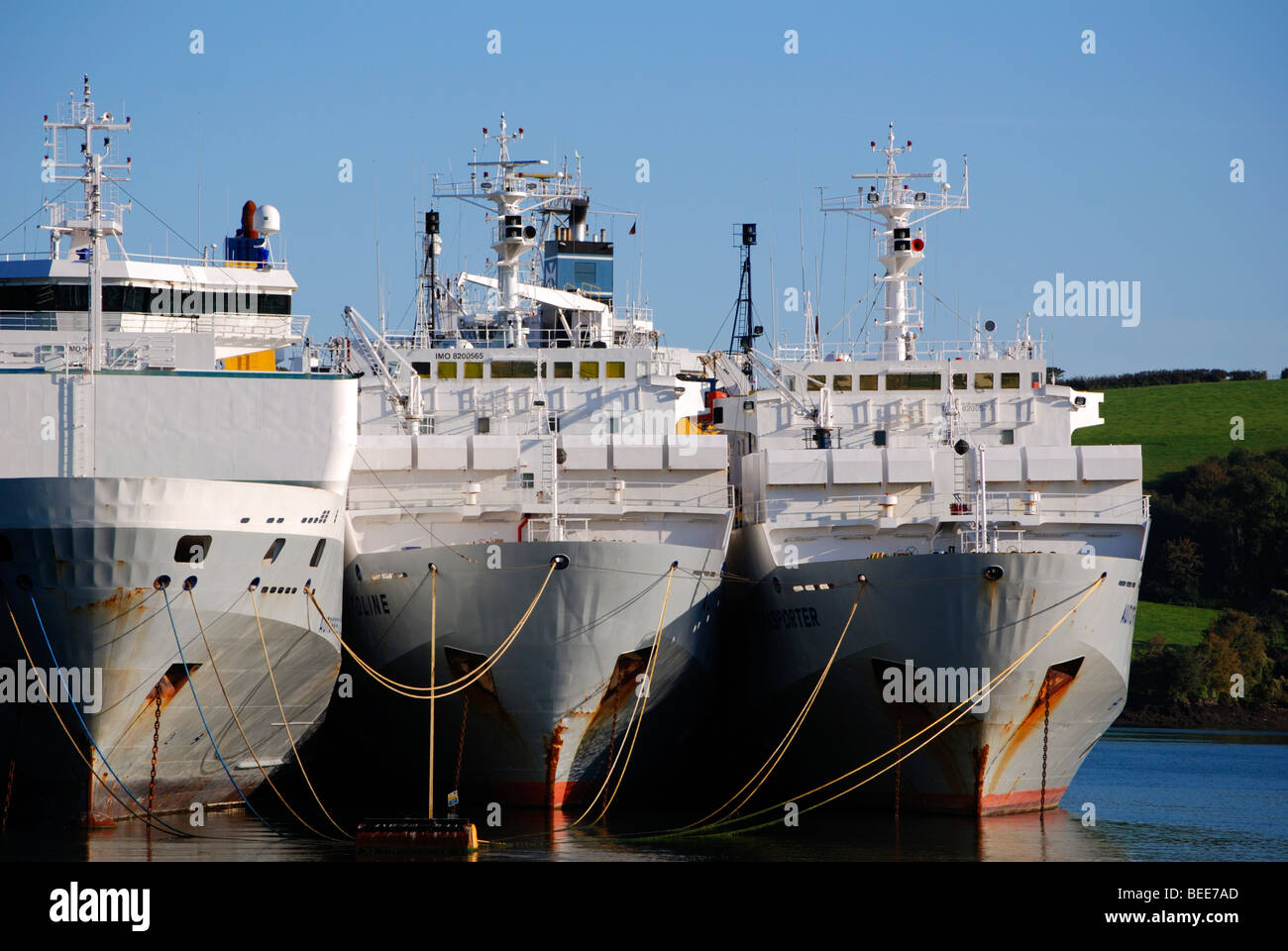 large cargo ships laid up in a deep creek on the river fal near truro