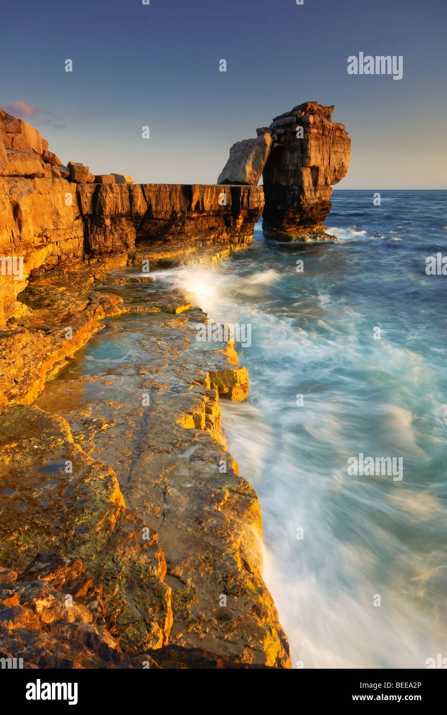 Vertical Photograph of Pulpit Rock near to Portland Bill, Isle of Portland, Dorset Coast Stock Photo