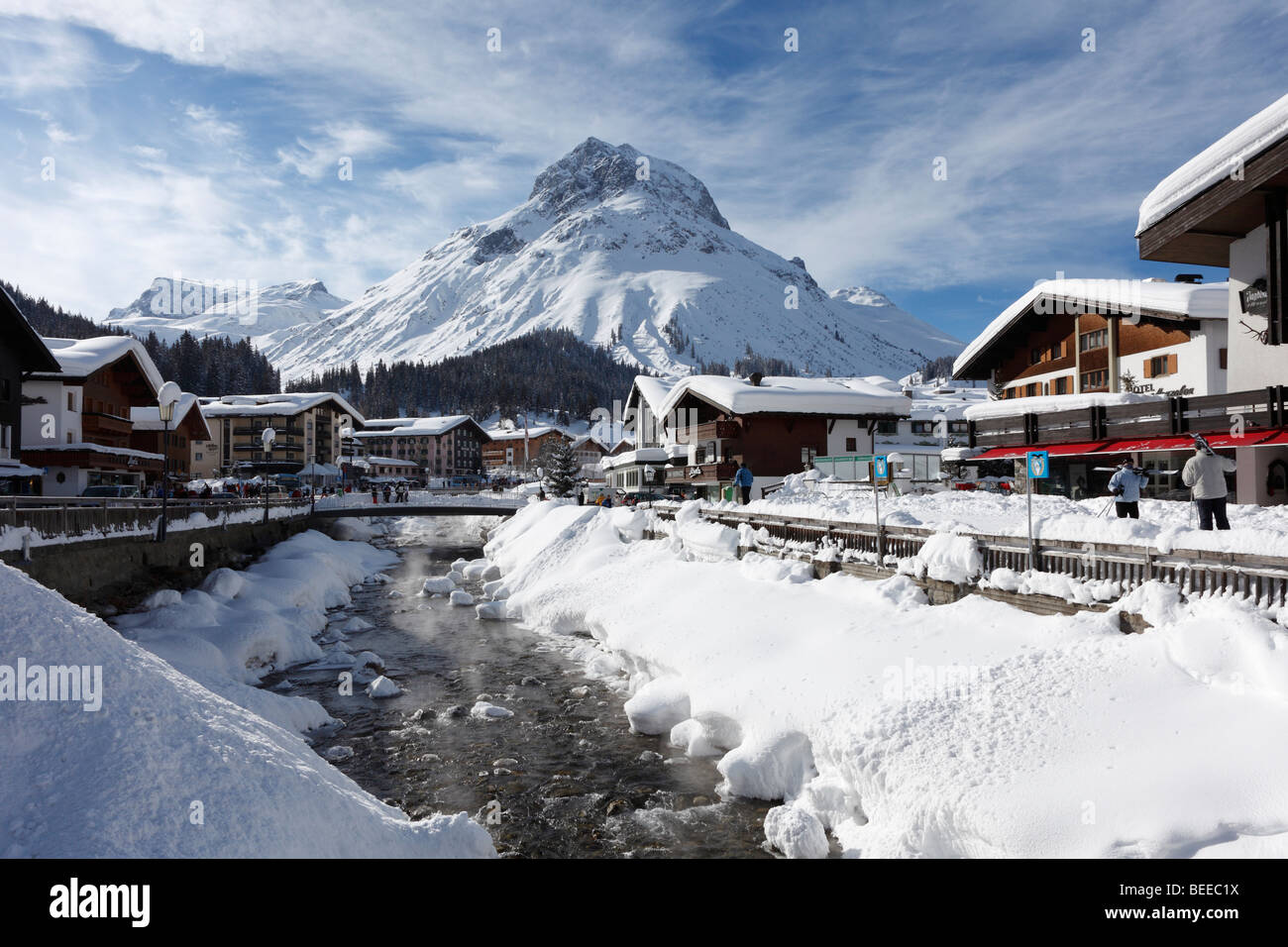 Lech, village and river, with Omeshorn mountain, Vorarlberg, Austria Stock Photo